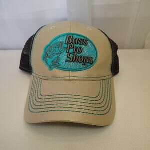Vintage Bass Pro Shops Gone Fishin Trucker Hat Mesh Snapback Tan Blue y2k